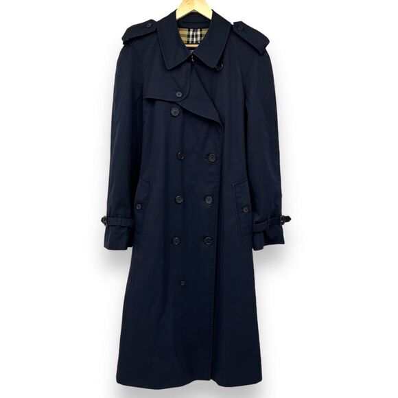 Vintage Burberrys Of London Trench Coat Size 40 Long Navy Blue Belted Pockets - Picture 1 of 16